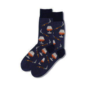 Close-up of the Cognac and Cigars sock design.  Shows detail of the cognac glass and cigar illustrations.