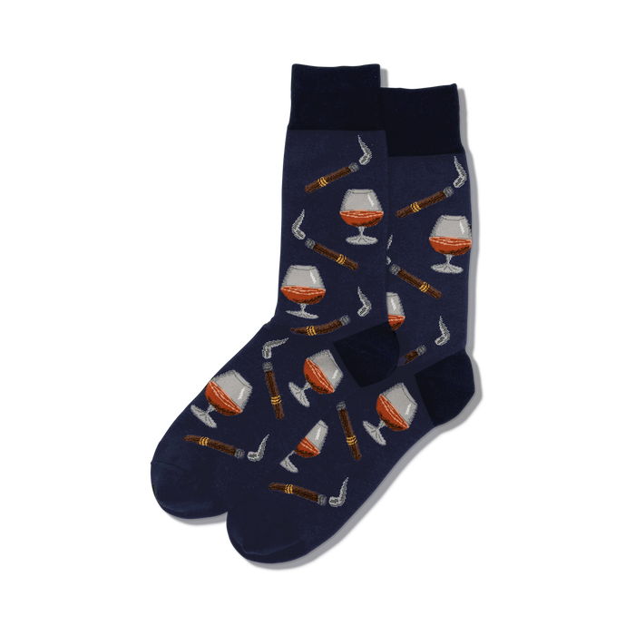 Close-up of the Cognac and Cigars sock design.  Shows detail of the cognac glass and cigar illustrations.