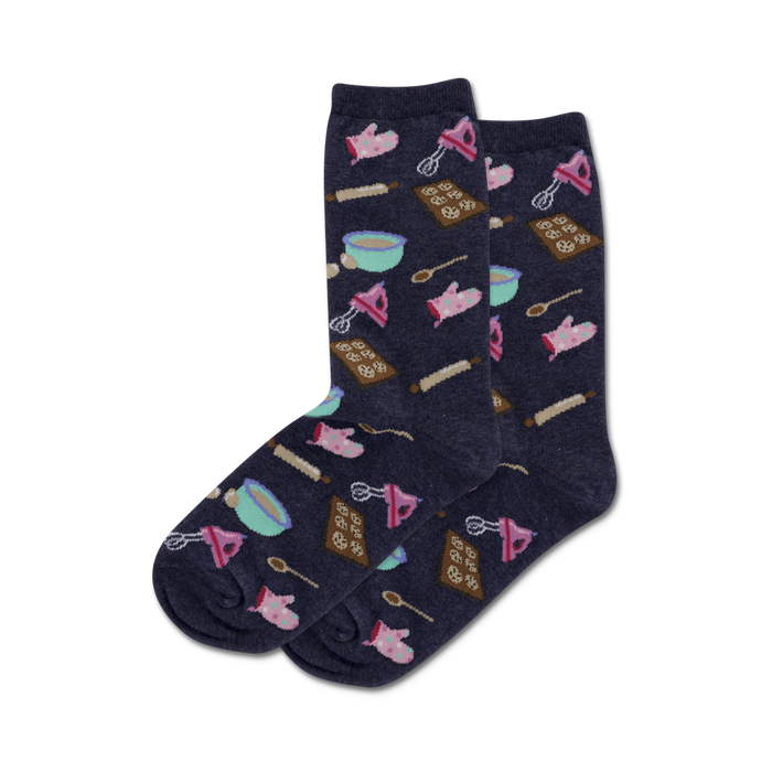 Pair of navy blue crew socks with a fun pattern of baking-themed illustrations: mixers, rolling pins, and cookies. }}