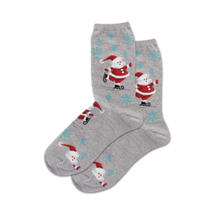 Pair of grey crew socks with a repeating pattern of ice-skating Santas and snowflakes.  Red, white, and grey.