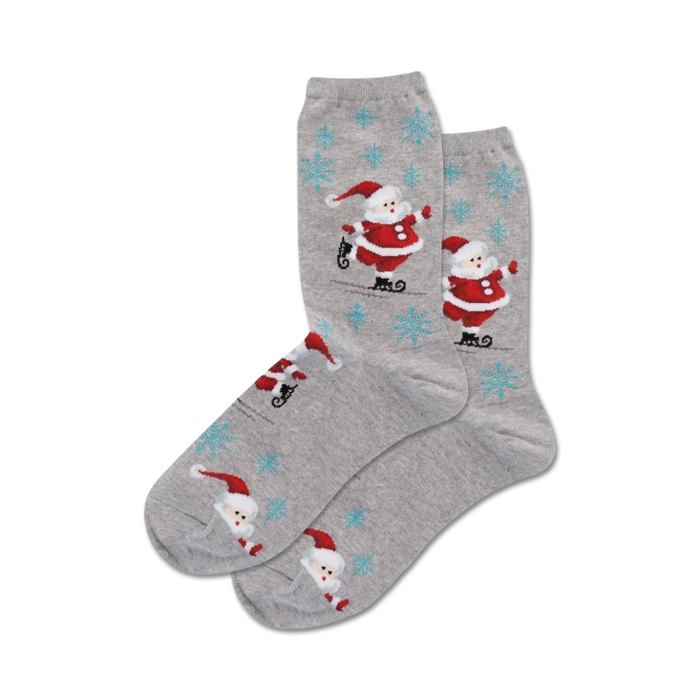 Pair of grey crew socks with a repeating pattern of ice-skating Santas and snowflakes.  Red, white, and grey.