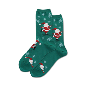 Pair of green crew socks with the same ice-skating Santa and snowflake design as the grey socks. Red, white, and green.