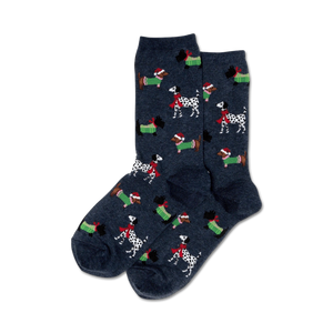 Close-up of a pair of navy blue crew socks with the same Christmas dog design as the red pair.
