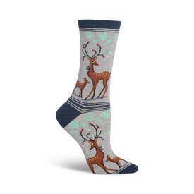 gray crew socks with brown reindeer wearing green and red garlands and snowflakes, perfect for the christmas season   