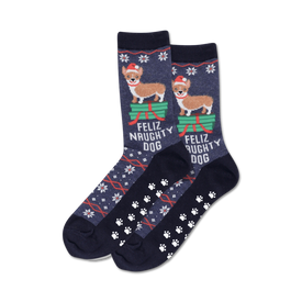 blue slipper socks with festive christmas dog design featuring a brown and white dog wearing a santa hat, snowflakes, and paw prints. anti-slip paw prints on the sole for added grip.  