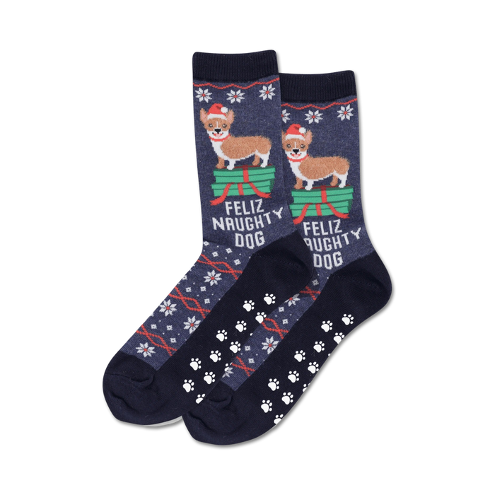 blue slipper socks with festive christmas dog design featuring a brown and white dog wearing a santa hat, snowflakes, and paw prints. anti-slip paw prints on the sole for added grip.   }}