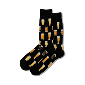 Lifestyle photo showing the socks on a person's feet. The socks' beer glass pattern is visible