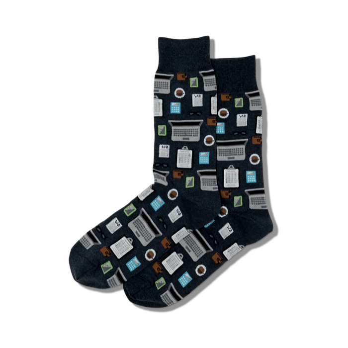 Pair of dark gray crew socks with an all-over print of laptops, calculators, coffee cups, and eyeglasses. }}
