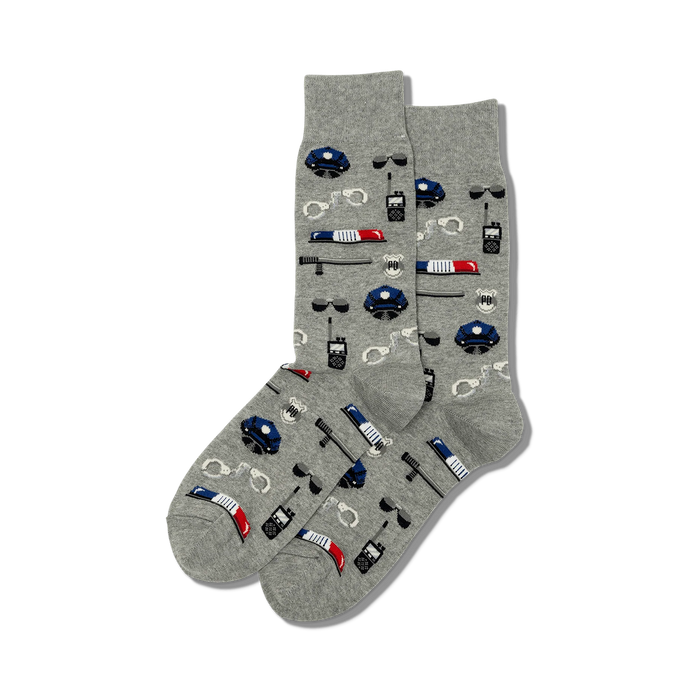 Pair of grey crew socks with a repeating pattern of pixel-style police hat, handcuffs, sunglasses, and batons. }}
