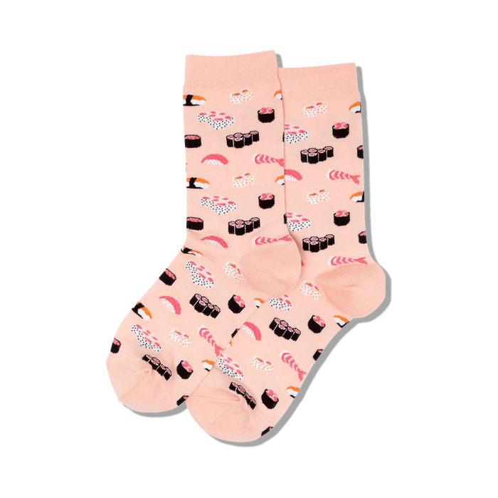 Pair of pink sushi socks displayed flat.