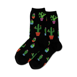 Pair of crew socks in black with a repeating pattern of potted cacti in various colors and sizes.