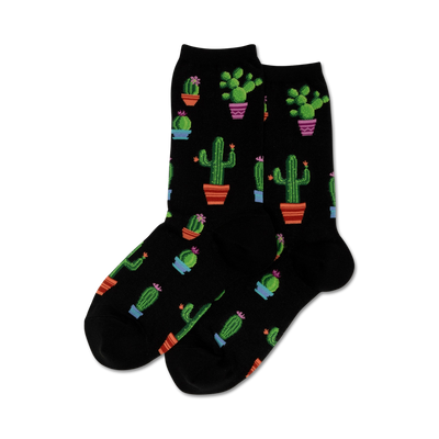 Pair of crew socks in black with a repeating pattern of potted cacti in various colors and sizes.