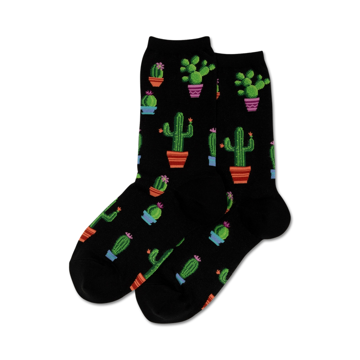 black novelty socks with green cacti in orange, blue, green, or purple pots. perfect for women who garden or love succulents.   