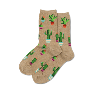 potted cactus crew socks in light brown with purple, blue, and pink pots. gardening theme. womens.   