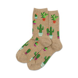 Beige crew socks with a repeating pattern of potted cacti in various colors and sizes.