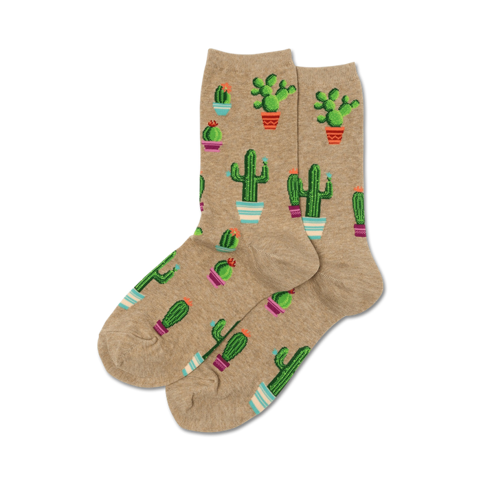 potted cactus crew socks in light brown with purple, blue, and pink pots. gardening theme. womens.   