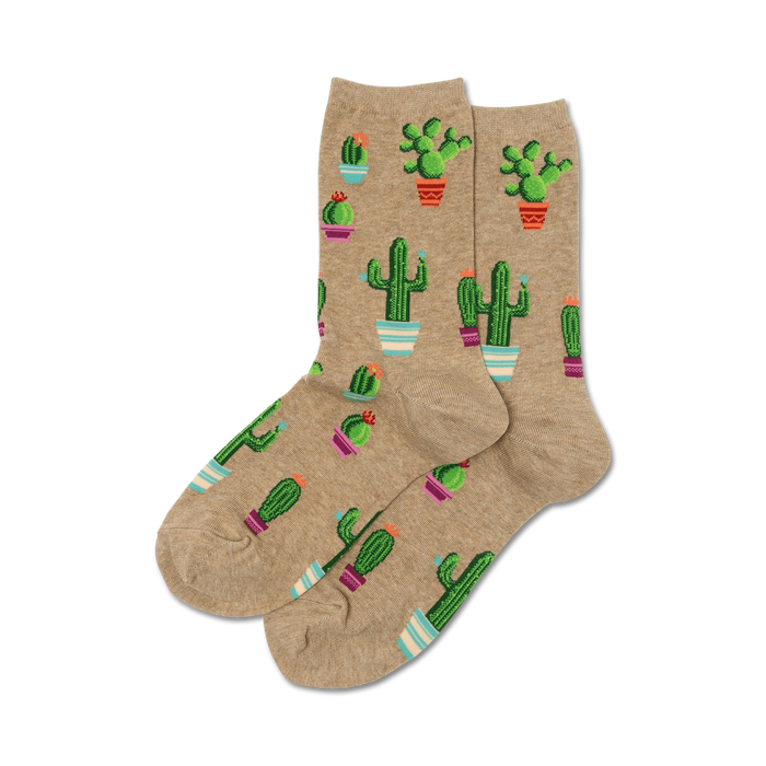 Beige crew socks with a repeating pattern of potted cacti in various colors and sizes.