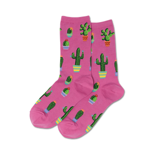 pink crew socks with a potted cactus pattern in various shapes and sizes, some with flowers.   