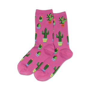 Pink crew socks with a repeating pattern of potted cacti in various colors and sizes.
