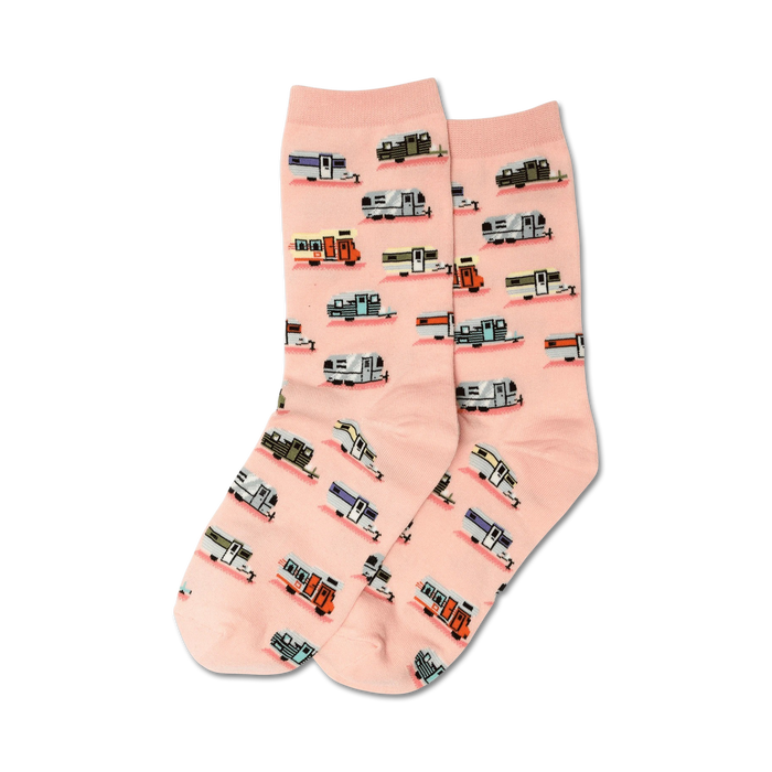 Pair of pink crew socks with a pattern of colorful vintage camper vans. Perfect for adding a touch of whimsy to any outfit! }}