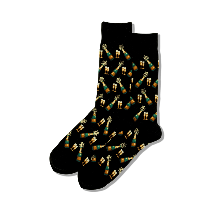 novelty crew socks with green and gold champagne bottles and gold glasses on a black background. great wedding accessory.   }}