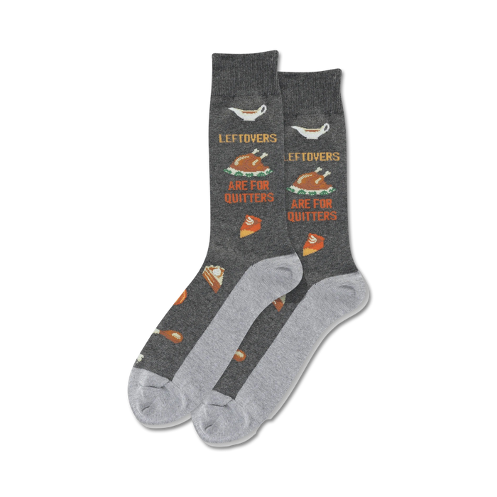 thanksgiving leftovers-themed crew socks for men with a graphic saying 'leftovers are for quitters'.   }}
