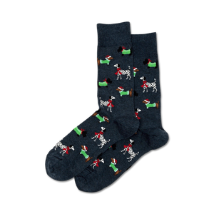 Pair of crew socks in dark gray and light gray, featuring a repeating pattern of dachshunds and Dalmatians wearing festive Christmas scarves.