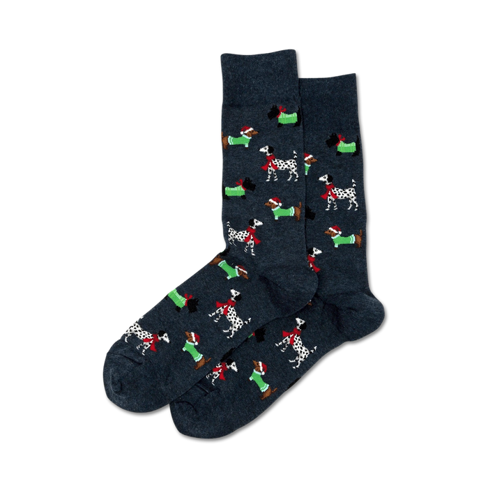Pair of crew socks in dark gray and light gray, featuring a repeating pattern of dachshunds and Dalmatians wearing festive Christmas scarves.