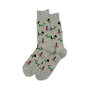 gray crew socks with a festive pattern of cartoon dogs in santa hats and scarves, perfect for spreading holiday cheer.  