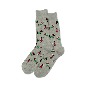 Pair of gray Christmas dog socks shown on a white background.