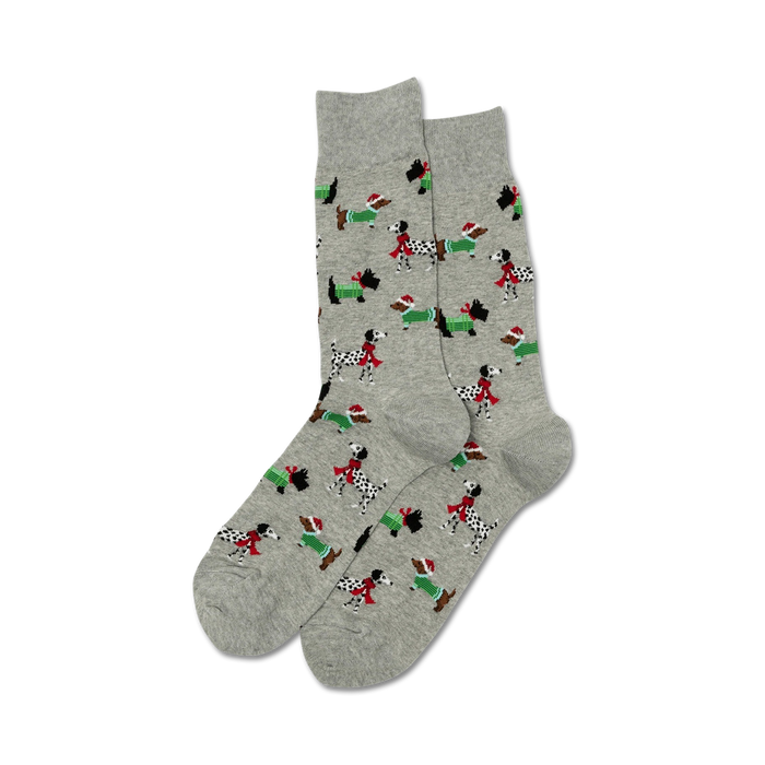Pair of gray Christmas dog socks shown on a white background.