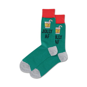 mens crew socks with candy cane and amber liquid glass pattern in festive green and red.  