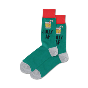 Lifestyle shot of 'Jolly AF' socks on a person's legs. Socks are teal with a red cuff.