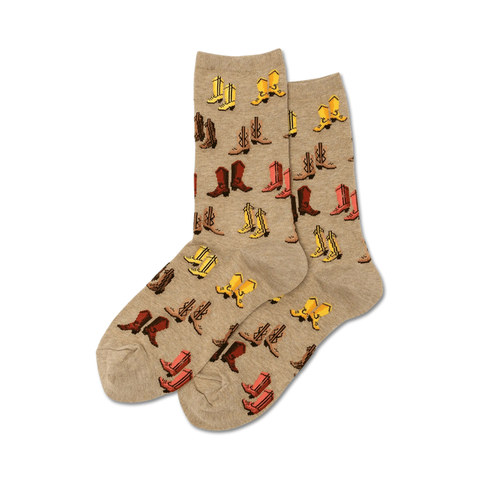 Pair of beige crew socks with a repeating pattern of colorful cartoon cowboy boots in yellow, red, and brown.