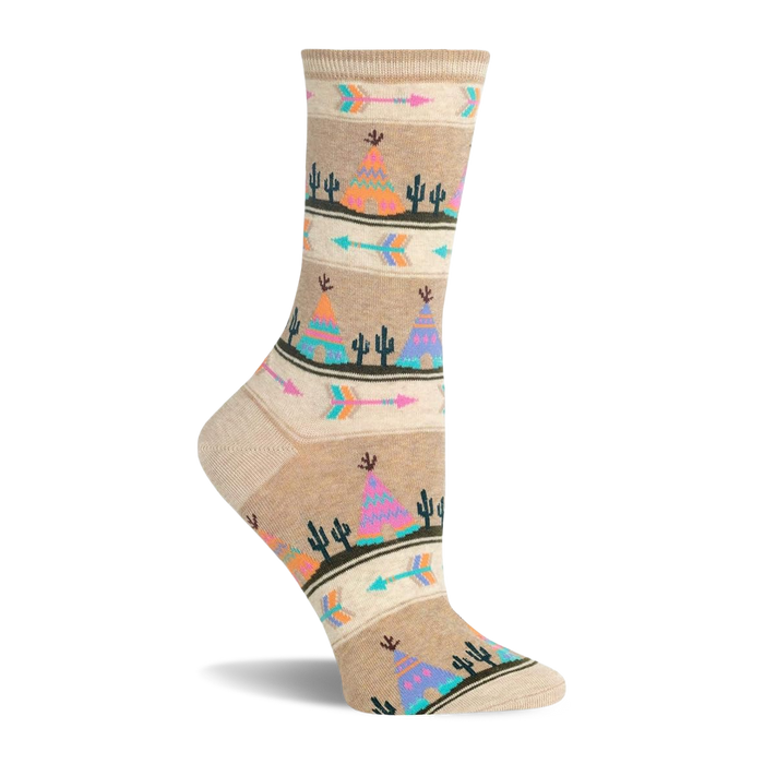 Beige crew sock with repeating colorful teepee, cactus, and arrow pattern in pink, orange, blue, and green. }}