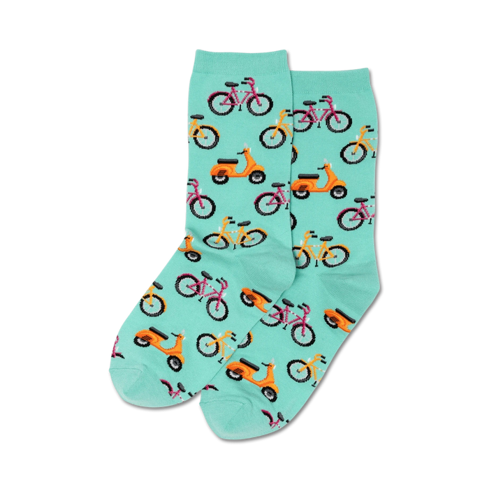 Pair of mint green crew socks with a repeating pattern of orange scooters and pink and yellow bicycles. }}