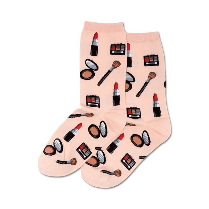 pink crew socks with makeup items pattern for women.    }}