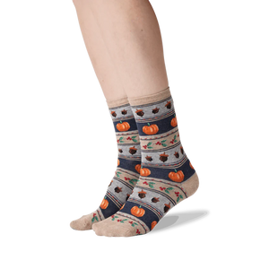 Lifestyle shot showing the Thanksgiving Fairisle socks on a person's legs.
