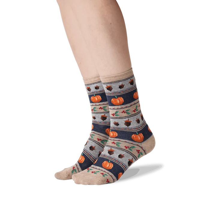 Lifestyle shot showing the Thanksgiving Fairisle socks on a person's legs.