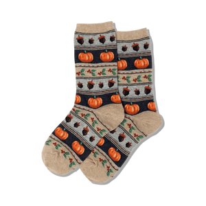 Pair of women's crew socks in beige, navy, and orange. Features a Fair Isle pattern with pumpkins, acorns, and holly.