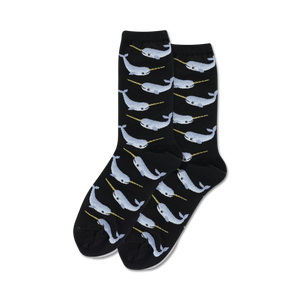 Pair of black crew socks with a repeating pattern of light blue narwhals and gold tusks.