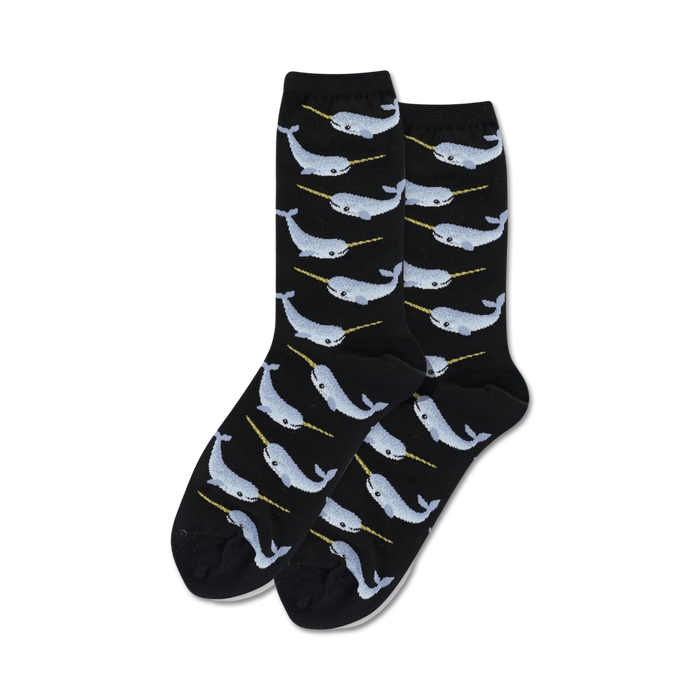Pair of black crew socks with a repeating pattern of light blue narwhals and gold tusks.