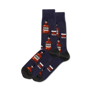 Pair of crew socks in navy, grey, and tan; featuring a repeating pattern of illustrated bourbon bottles and glasses.