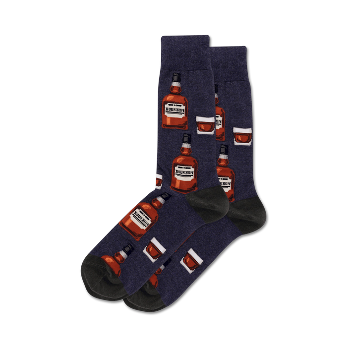Pair of crew socks in navy, grey, and tan; featuring a repeating pattern of illustrated bourbon bottles and glasses.