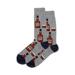 crew socks with cartoon bourbon and glass pattern on gray background. title: bourbon.  