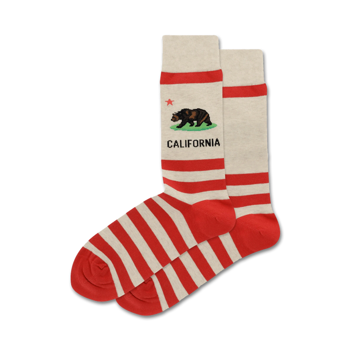 Pair of red and white striped crew socks with the California bear and state name embroidered on the leg. }}