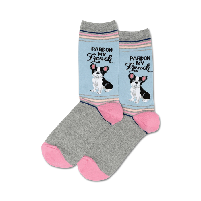 Pair of crew socks in grey, light blue, and pink. Feature a French Bulldog graphic and 'Pardon My French' text. }}