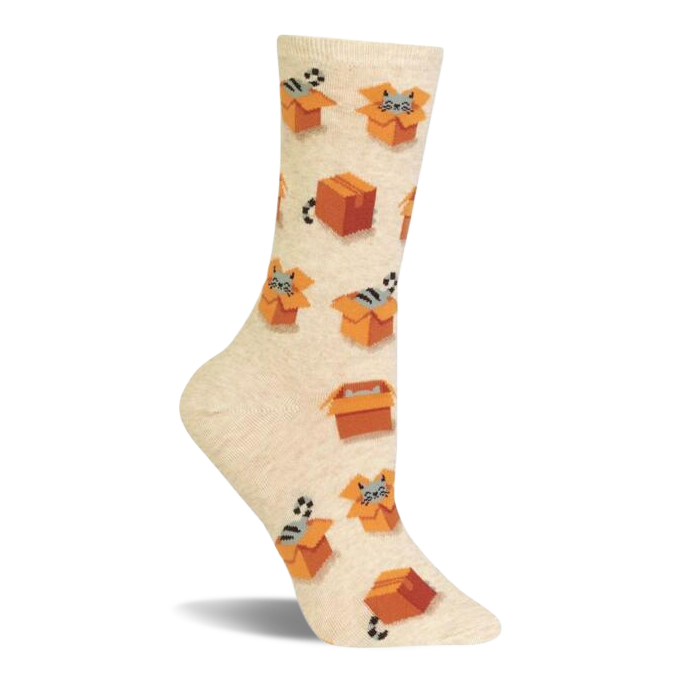 A single crew sock with a heathered cream background, patterned with grey cats peeking from orange cardboard boxes and small balls. }}