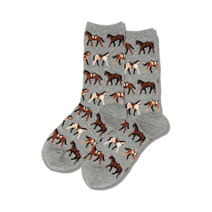 Pair of crew socks, grey and light blue options, with an all-over print of brown and white horses.