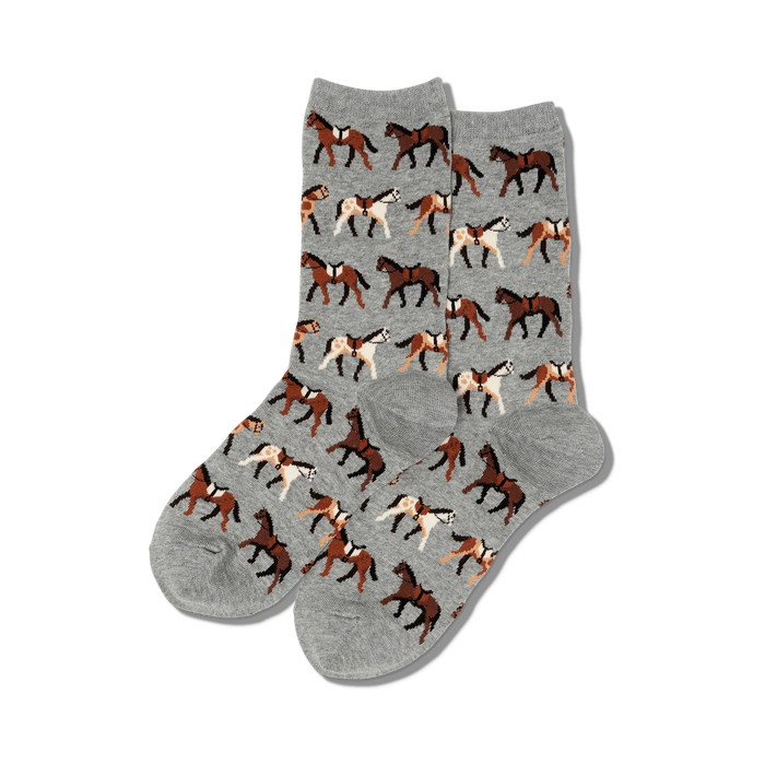 Pair of crew socks, grey and light blue options, with an all-over print of brown and white horses.